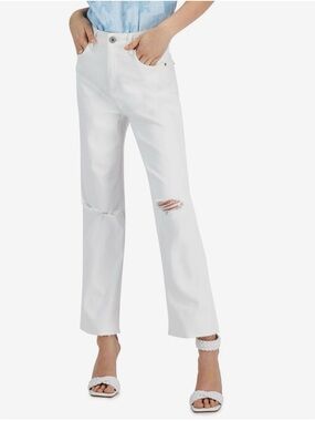INC International Concepts White High Rise, Relaxed Fit, Cropped, Ripped Jeans